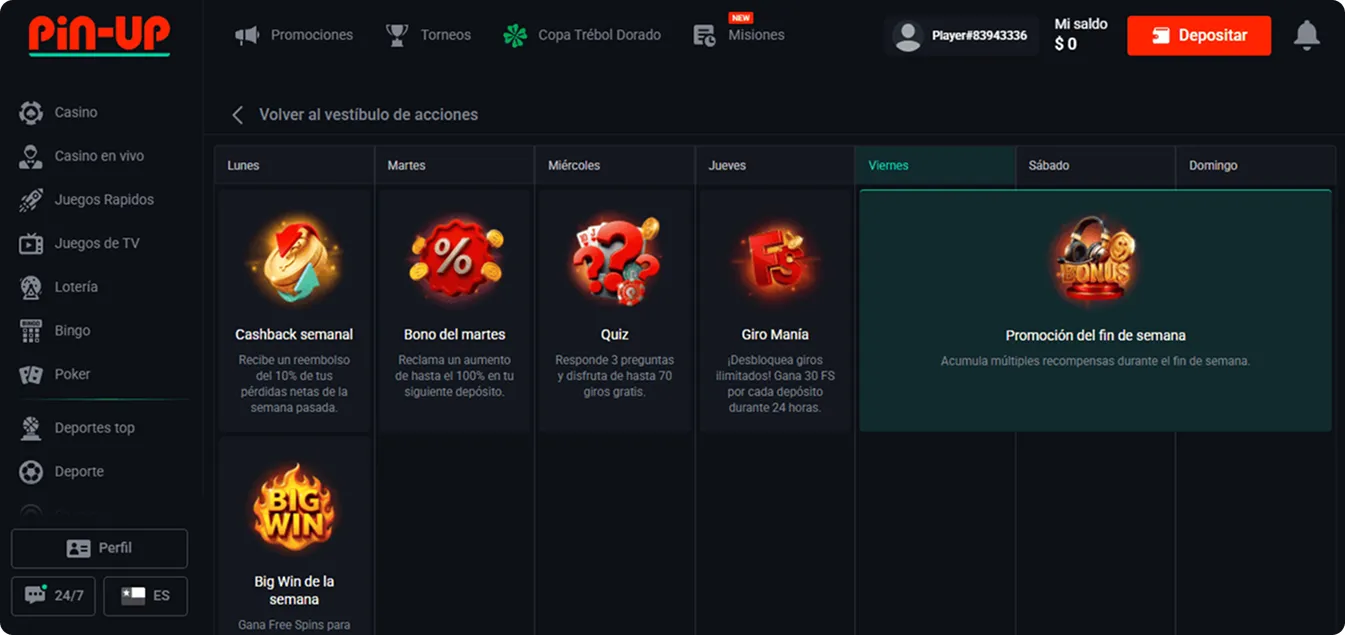 Bono de registro y otras ofertas disponibles tras el registro en Pin-Up Casino